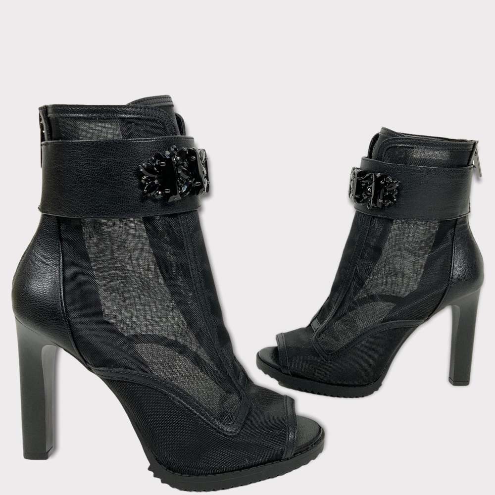 Karl Lagerfeld Black Blayze Embellished Strap Peep Toe Shooties Womens 7